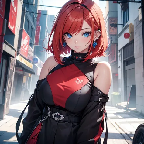 Young female, chubby body, Red hair with blonde underneath in a shoulder length bob, dual colored hair, blue eyes, beautiful, piercings, goblincore clothes