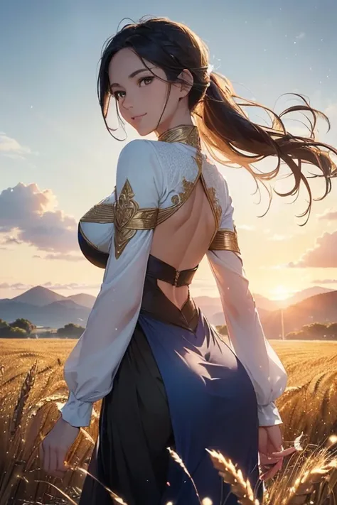 Beautuful Women, (((1 girl, Solo, Running, (Wheat field), Turning around, Golden Eyes, Long pure white dress, medieval times, Medieval costumes, Long sleeve sunset, Light from behind, Shadow in the picture, Smile, laught, (Blue sky), Against the background...