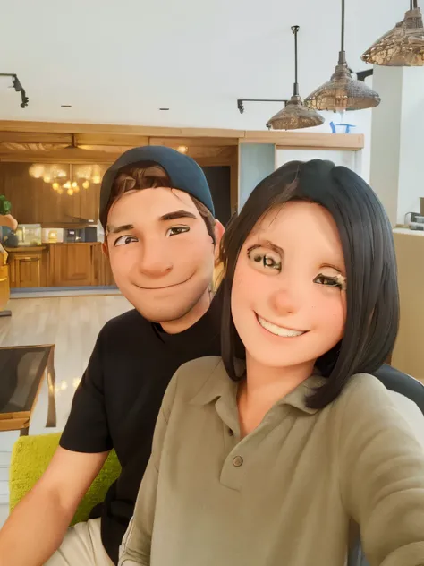 A man and a woman taking a selfie together, the girl have a above the shoulder straight hair,  the man wears a black cap wearing reverse, Happy couple selfie, smiling into the camera, selfie photo