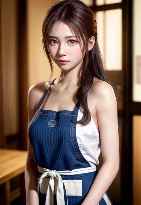 8K, of the highest quality, masutepiece:1.2), (Realistic, Photorealsitic:1.37), of the highest quality, masutepiece, Beautiful young woman, Pensive expression, Gentle eyes, Apron naked、Lovers、Hair tied back, Messy mood, Cinematic background,  Light skin to...