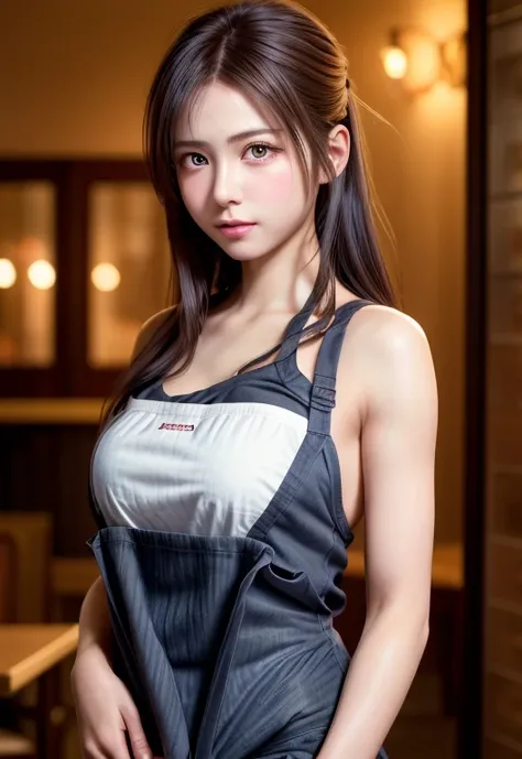 8K, of the highest quality, masutepiece:1.2), (Realistic, Photorealsitic:1.37), of the highest quality, masutepiece, Beautiful young woman, Pensive expression, Gentle eyes, Apron naked、Lovers、Hair tied back, Messy mood, Cinematic background,  Light skin to...