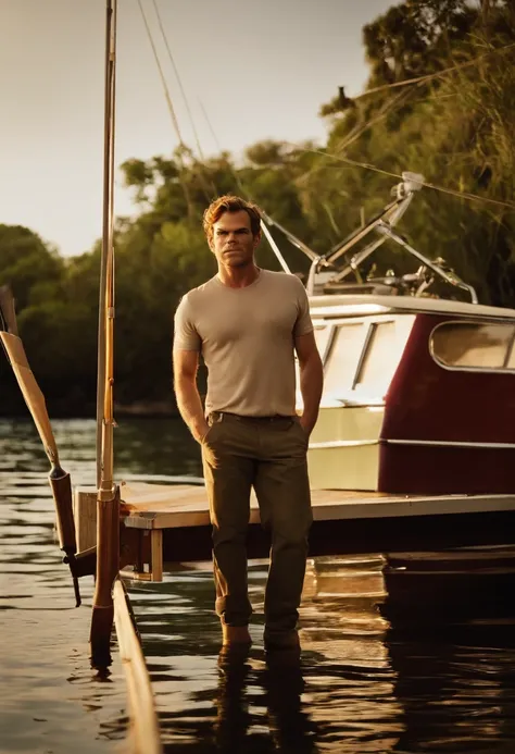 A photo of Dexter standing in front of his boat, the Slice of Life, with a fishing rod in hand,original,michael c hall, male