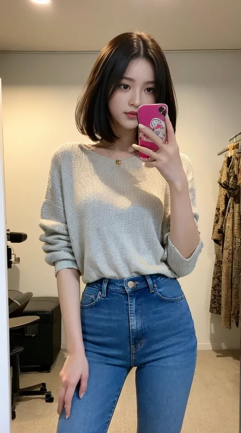 (Best quality at best, 8K, 32K, tmasterpiece, hyper HD:1.3),Korean beauty photos, 1 girl, (long slim figure, perfect body figure :1.2), Medium and short hair: 1.1, (Fashion jeans), (indoor, natta :1.2), Hold the phone cover, The face is very detailed, Fing...