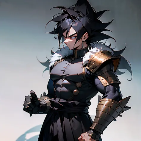 (best quality,ultra-detailed,:1.37),3D rendering, Black Longsleeve Martial Arts Clothing, Armor Armpiece, The warrior has Black Spiky Saiyan Hair and wears Fur Trim Clothing. He has a Muscular Build and a Saiyan Tail.