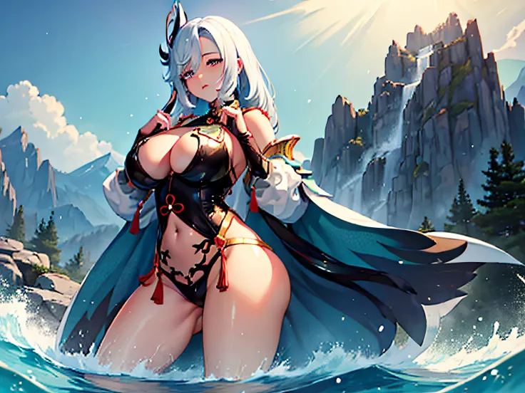 shenhe genshin character with big chest with rainy mountain in background with light soaked skin with she licking her finger and with big thighs