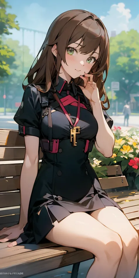 Anime girl sits on a bench in a park with flowers, Marin Kitagawa Fanart, Cushart Krenz Key Art Feminin, von Girls Frontline, Feine Details. girls frontline, Detaillierte digitale Anime-Kunst, Rias Gremory, seductive anime girl, Detaillierte Anime-Kunst, B...