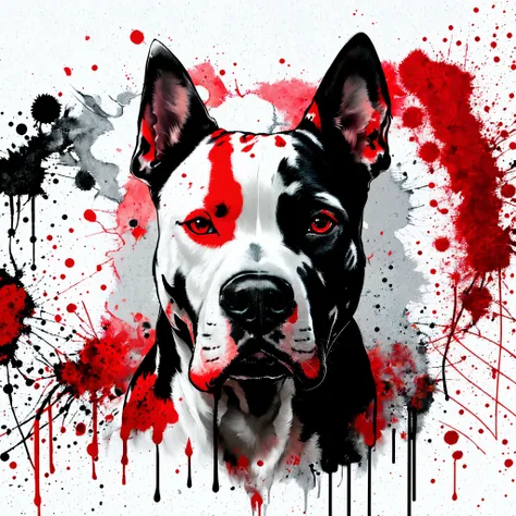 Painting of a dog with red eyes and a splashed face, monochrome and red bleeding color, artistic illustration, Cyborg - Pitbull, Ink illustration, Clear, high-quality artwork, splatter, Pit bull, blood splash, Magnificent art, Portrait of an animal, trash ...