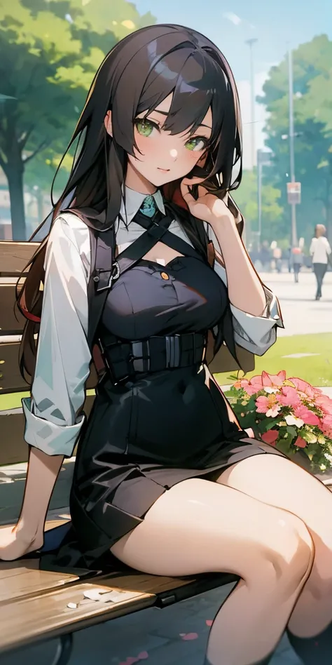 Anime girl sits on a bench in a park with flowers, Marin Kitagawa Fanart, Cushart Krenz Key Art Feminin, von Girls Frontline, Feine Details. girls frontline, Detaillierte digitale Anime-Kunst, Rias Gremory, seductive anime girl, Detaillierte Anime-Kunst, B...