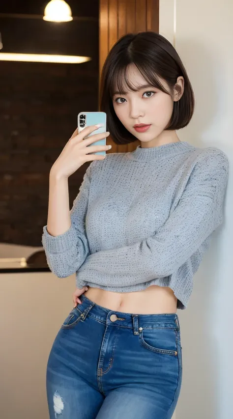 (Best quality, 8K, 32K, tmasterpiece, hyper HD:1.3),Korean beauty photos, 1 girl, (long slim figure, perfect body figure :1.2), Medium and short hair: 1.1, (Fashion jeans), (indoor, natta :1.2), Hold the phone cover, The face is very detailed, Fingers are ...