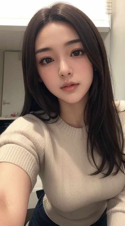 Photorealistic, masutepiece, Best Quality, Raw photo, selfee、1girl in, Solo, Long hair, Brown hair, Detailed face, alluring face, Sweater that kills virgins, medium breasts, Dynamic Pose, Looking at Viewer, From below, Detailed background, fine detailed, i...