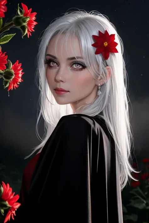 1girl in,Solo,1girl in,Solo,((Beautiful detailed eyes)), (Detailed light),depth of fields,(White hair),Silver eyes,Hair over one eye,(Red flower ), Hair Flower,Long hair,Black cloak,Wet,deadpan,Looking back,Night,starfall,Sateen,Fog,Red flowers fall,sketch...