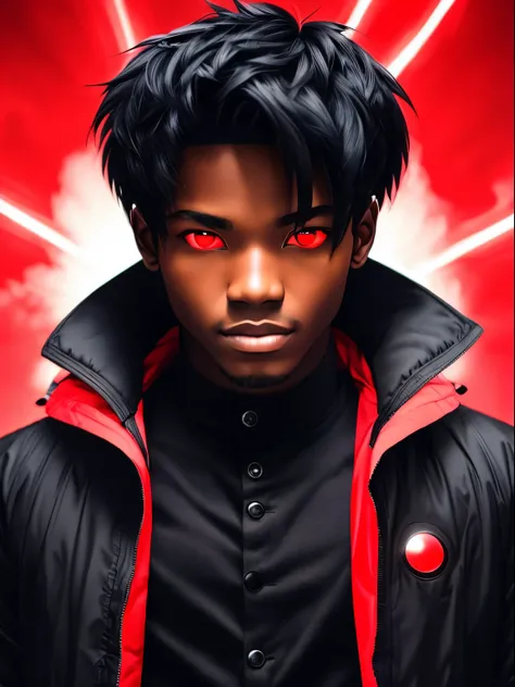 Black male with red eyes short black hair wear a jacket with red aura around it body