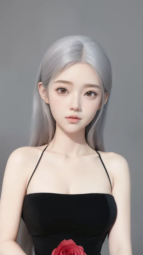 tem uma mulher com uma rosa no cabelo e um vestido preto, inspirado em Sim Sa-jeong, adolescente hiperrealista, anime semi realista, com o rosto muito detalhado, :9 rosto detalhado: 8, olhar de tristeza, Estilo anime 3D realista, anime estilo 3d, Anime det...