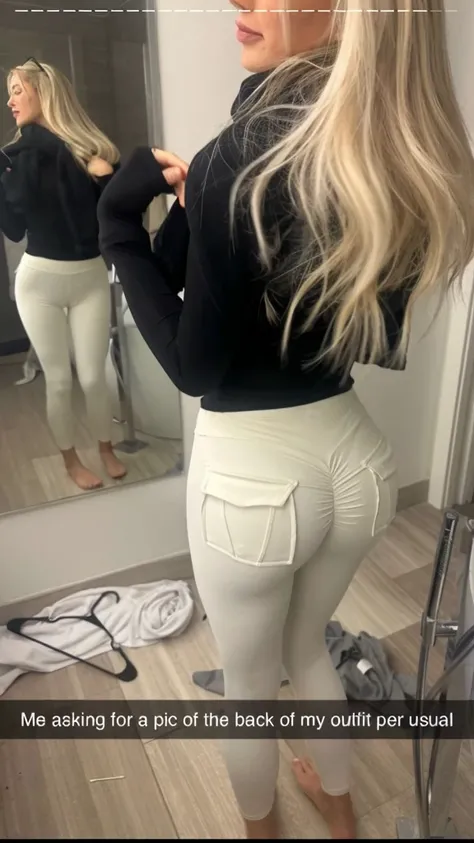 blonde woman in white pants and black top looking in mirror, cute huge pockets, white leggings, with two front pockets, thicc, toned derriere, tight outfit, big booty, pawg, white pants, 👁🌹👾, wearing white tights, leggings, white tights, tight attire, bree...