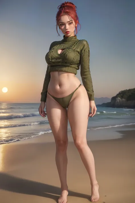 ((masterpiece, best quality, ultra-detailed, ultra-HD, photorealistic, cinematic)), ((alluring female beach model)), (wide shot, full body view:1.5), (red hair, a messy bun with face-framing tendrils for a relaxed yet chic look), (voluptuous body), perfect...