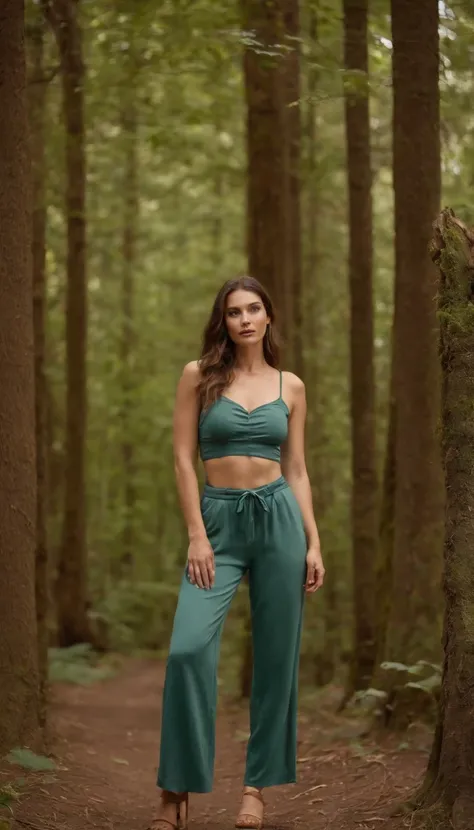 La misma modelo con una top y pantalones cortos ajustados, forest