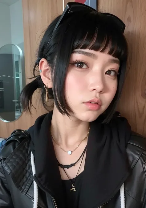 un primer plano de una mujer con una chaqueta negra y un collar, cruel korean goth girl, Ella tiene el pelo negro con flequillo, south east asian with round face, young cute wan asian face, Chiho, con flequillo completo, Lalisa Manobal, con flequillo, Xisi...