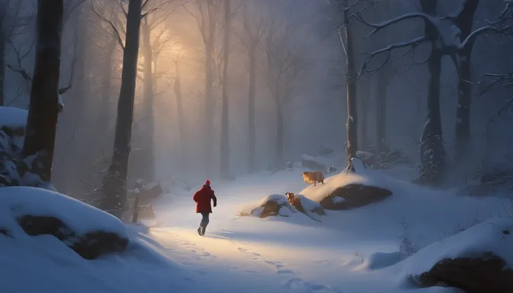 Draw a picture in the style of a winter evening fairy tale, somewhere in a snowy winter forest. One person is carrying a gift and running, with dozens of people chasing after him