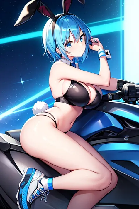 1girl, blue hair, large breasts, bunny ears, rabbit ears, wide hips, blue eyes, short hair, very short hair, science-fiction, tech, futuristic, machinery, full body, neon trim, bikini, black bikini, light smile, shoes, sneakers, blue trim, car, sports car,...