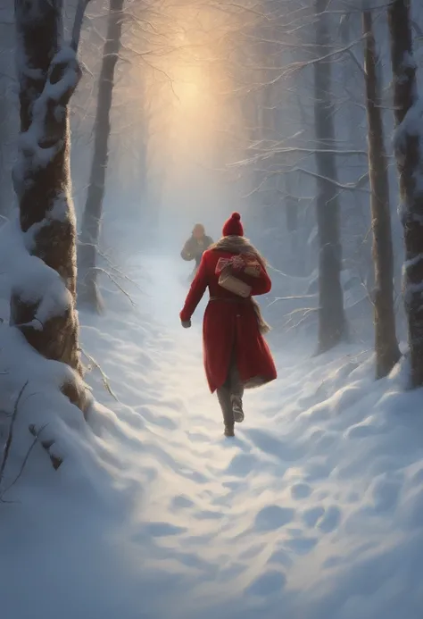 Draw a picture in the style of a winter evening fairy tale, somewhere in a snowy winter forest. One person is carrying a gift and running, with dozens of people chasing after him