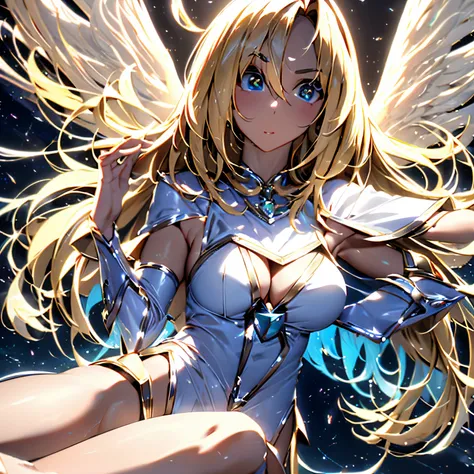 Dark magician girl as an 8-winged angel with a dazzling halo above the angel&#39;cabeza, y el fondo de la imagen es el cielo. dark wizard angel. arte celestiales. ultra detallado. photographic quality. Pase sujestiva y sensual