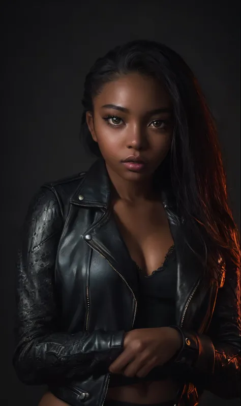 (best quality,8k,ultra-detailed,realistic), extremely detailed photo of a (((20 year old))), black girl, scarlet witch, wearing black lace leotard, open leather jacket, black pantyhose, model photoshoot, photography, studio lighting, professional, vivid co...