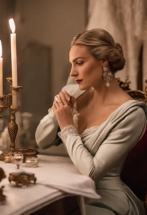 An image of Serena sitting at her dressing table, carefully applying her makeup and adjusting her hair,The Handmaids Tale,Serena Joy, a pivotal character in “The Handmaid’s Tale,” exudes a composed and elegant demeanor, her appearance characterized by the ...