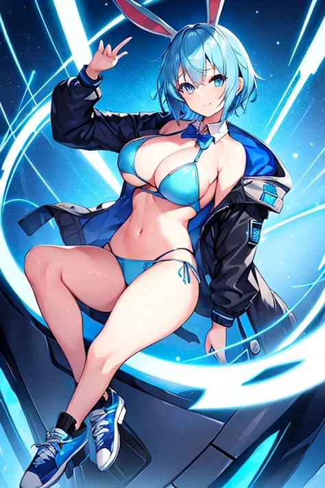 1girl, blue hair, large breasts, bunny ears, rabbit ears, wide hips, blue eyes, short hair, very short hair, science-fiction, tech, futuristic, machinery, full body, neon trim, bikini, light smile, shoes, sneakers, blue trim, black jacket, jacket, v-string...