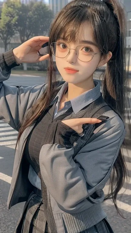 KR-PNY, Ridiculously long ponytail, Parted bangs, 1girll, School uniform, dark grey open jacket, dark grey blazer, Pleated skirt, plaid skirts, circle-glasses, Reading a book, Shy and quiet girl, Look into the distance, very detail hair, intricate detailes...