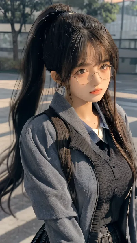 KR-PNY, Ridiculously long ponytail, Parted bangs, 1girll, School uniform, dark grey open jacket, dark grey blazer, Pleated skirt, plaid skirts, circle-glasses, Reading a book, Shy and quiet girl, Look into the distance, very detail hair, intricate detailes...