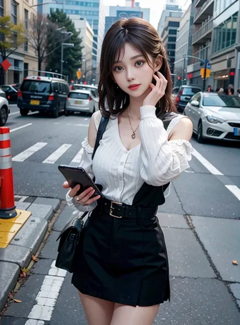 Beautiful woman, fiddling with cell phone in the middle of the street, short clothes