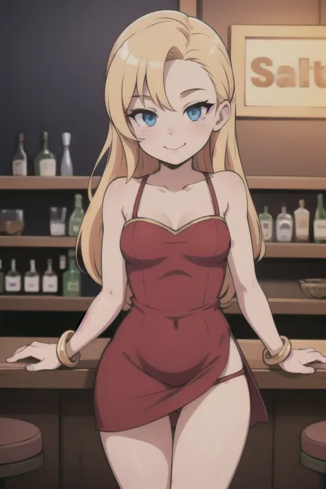 Panty Anarchy, Long Blonde Hair, Blue Eyes, Light Smile, Bare Neck, Bare Shoulders, Little Red Dress, Short Red Dress, Golden bracelet, Sexy Poses, Bar Background, High Quality, Masterpiece.