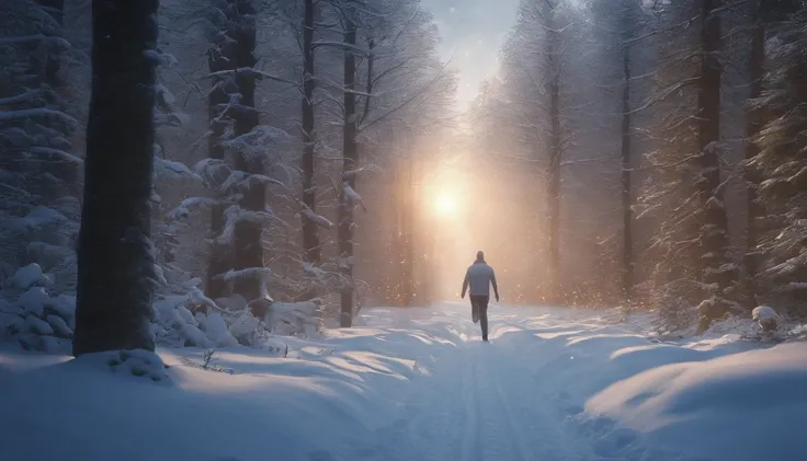 Draw a picture in the style of a winter evening fairy tale, somewhere in a snowy winter forest. One person is carrying a gift and running, with dozens of people chasing after him, Surrealism, cinematic lighting, ray tracing, reflection light, UHD, super de...