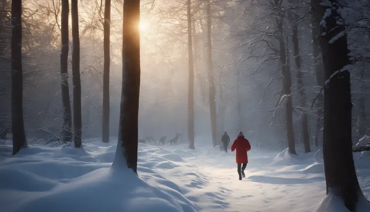 Draw a picture in the style of a winter evening fairy tale, somewhere in a snowy winter forest. One person is carrying a gift and running, with dozens of people chasing after him, Surrealism, cinematic lighting, ray tracing, reflection light, UHD, super de...