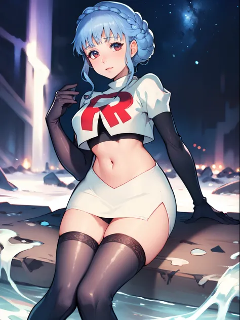 marianne von edmund, team rocket uniform, red letter R, white skirt,white crop top,black thigh-high boots, black elbow gloves, looking at viewer, cowboy shot, sexy pose, night sky background