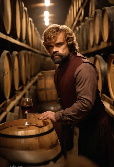 The image is of Tyrion selecting a rare vintage wine from a well-stocked cellar, a knowing smile on his lips.,Game of Thrones TV series,Tyrion Lannister, a prominent character from “Game of Thrones,” is distinctive for his short stature due to dwarfism, bu...