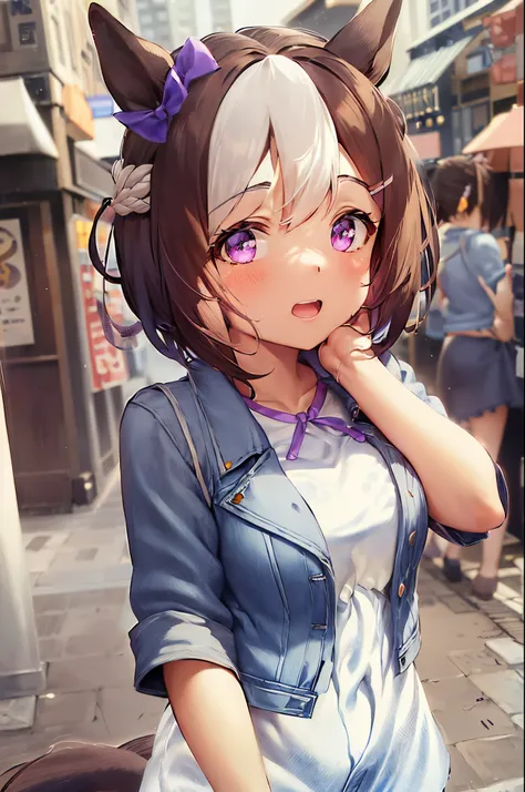 special_week_(Umamusume)、bow ribbon、bow ribbon、bow ribbon、corsets、Fluffy breasts、nursing、toppless、teats、The upper part of the body、(Refers to the viewer:1.3)、Happiness、(Background in the city:1.3), short-hair, (denim jackets:1.5), (White Dress:1.5), Horse ...