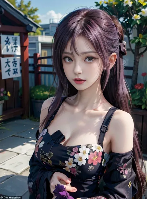 (Best Quality:1.1), (masutepiece:1.2), Portrait, 1girl in, yuzuriha_(jigokuraku), Purple hair, Brown eyes, ninjartist, Open your clothes, cleavage, Small breasts, topknot, Medium Hair, breast apart, white obi, Smirk, Outdoors, (blush:1.1), Flowers (NSFW 1....