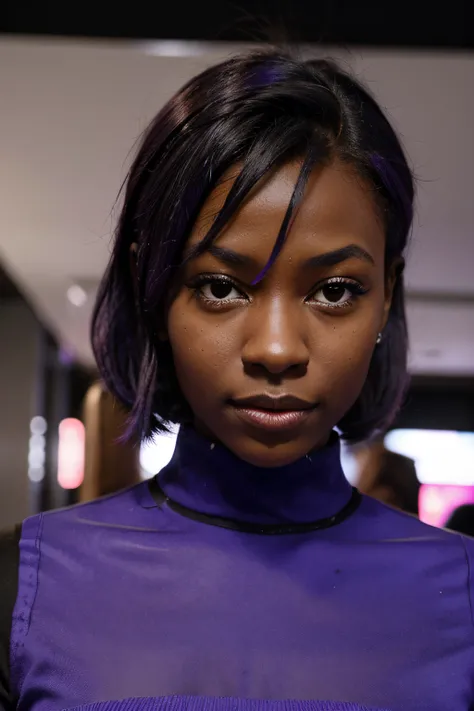 Fille futuriste, dark skinned, yeux de couleur pourpre, espace, cheveux violets, cheveux bleus, cheveux roses, cheveux longs, dark skinned, Futuristic café