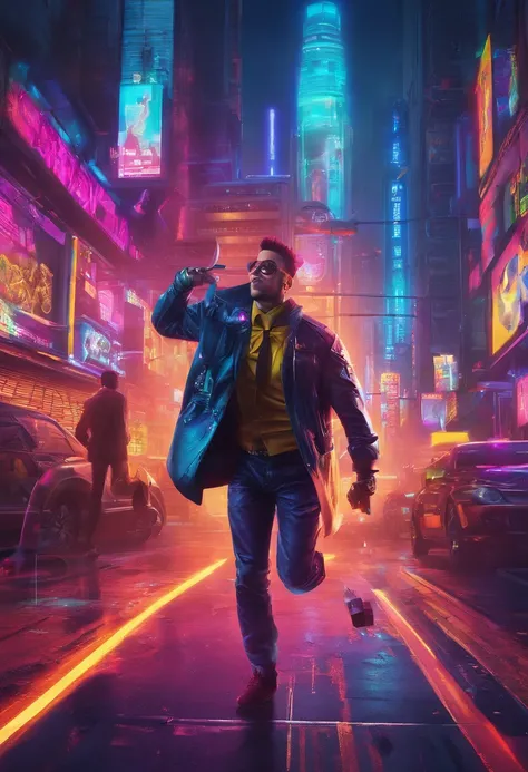 Cyberbap style. A Facebook superhero is running and holding a gift that glows and illuminates everything around him. The 30-year-old businessman has a smile on his face. And behind him, 3 people are running and catching up with him