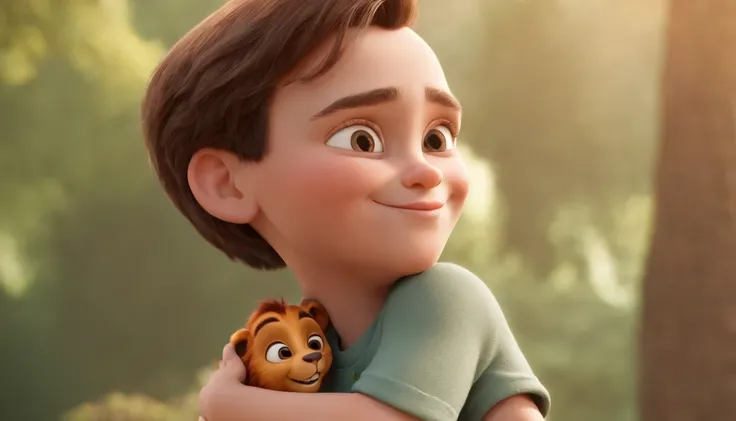 a cartoon of biblical dressed teenage boy happily hugging his father in heaven, a very beautiful background with beautiful tress, lions and tigers moving in the back, animated film, 3 d animated movie, animated still, animated movie, animation film, animat...