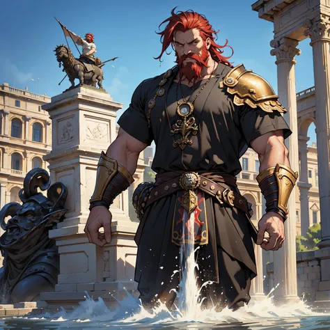 masterpiece, Best quality at best, 4K, Background with:In front of the ancient Roman fountain, A big one, Red-haired middle-aged pirate with long beard., Golden armor and black clothes, Background with: Kraken destroyed ancient Rome, in front of the founta...