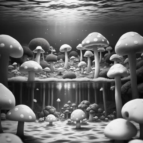 Black and white drowning of magic mashrooms