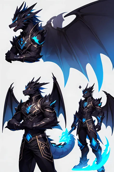 black dragon. fantastic warrior. rpg. llamas azules. sosteniendo una espada. big dragon wings. usar pantalones. outfit futurista...