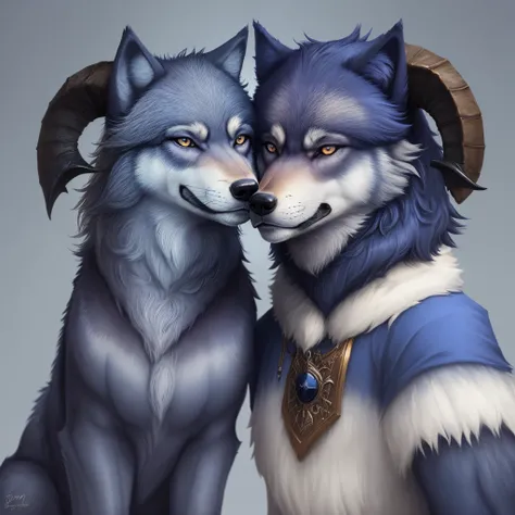 Furry dark blue wolf with ram horns