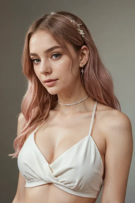 "A digital portrait of a woman with a confident and alluring gaze. She has soft green eyes, perfectly arched eyebrows, and her hair is a vibrant shade of pastel pink, styled in loose waves that cascade around her shoulders. She is wearing a delicate, white...