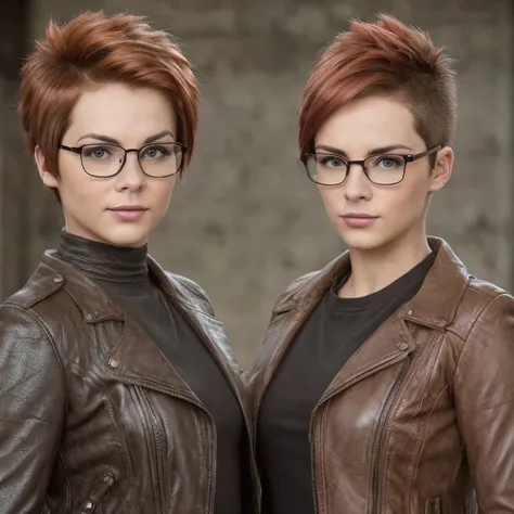 2women, lesbians, elsin, brown-haired and redhead,(mohawk haircut:1.2), eyeglasses, leather jacket, posing, hdr, cinematic