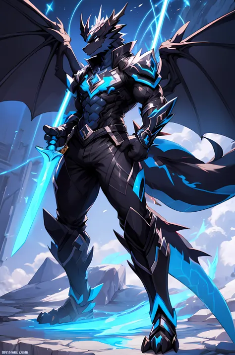 black dragon. fantastic warrior. rpg. llamas azules. sosteniendo una espada. big dragon wings. usar pantalones. outfit futurista...