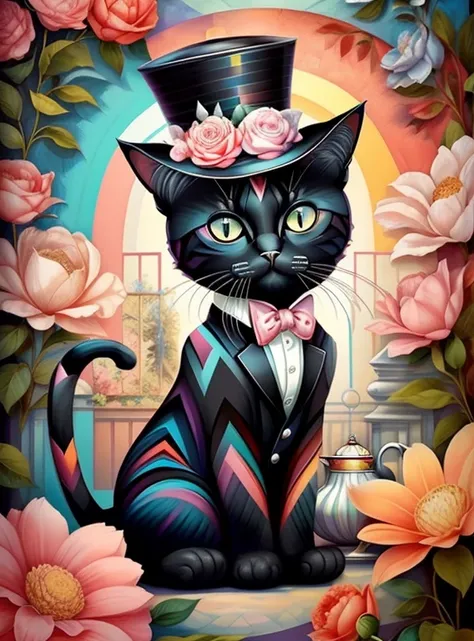 ((|) (cute black baby cat with pink top hat, tea pot and flowers) stylized identical to 1940 |)), acolchoamento ,multidimensional geometric wall PORTRAIT, arte, Chibi,
Yang016K, lindo,(( Predominant red coloration ,rosa e branco))
Primary works, qualidade ...