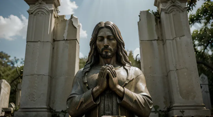 [statue of Jesus on a pole:Jesus:0.2], Stone statue of man praying, [hands closed in prayer], [(Asas Angelicais), capa::0.2], [[excessive vegetation]:((excessive vegetation) ):0.2 ], Beautiful, rosto sereno, [Cloudy sky, raios divinos: (raios divinos): 0.4...